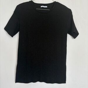 Zara Trafaluc Sparkle Knit Top Black Short Sleeve Ribbed Sweater Side Slits S‎